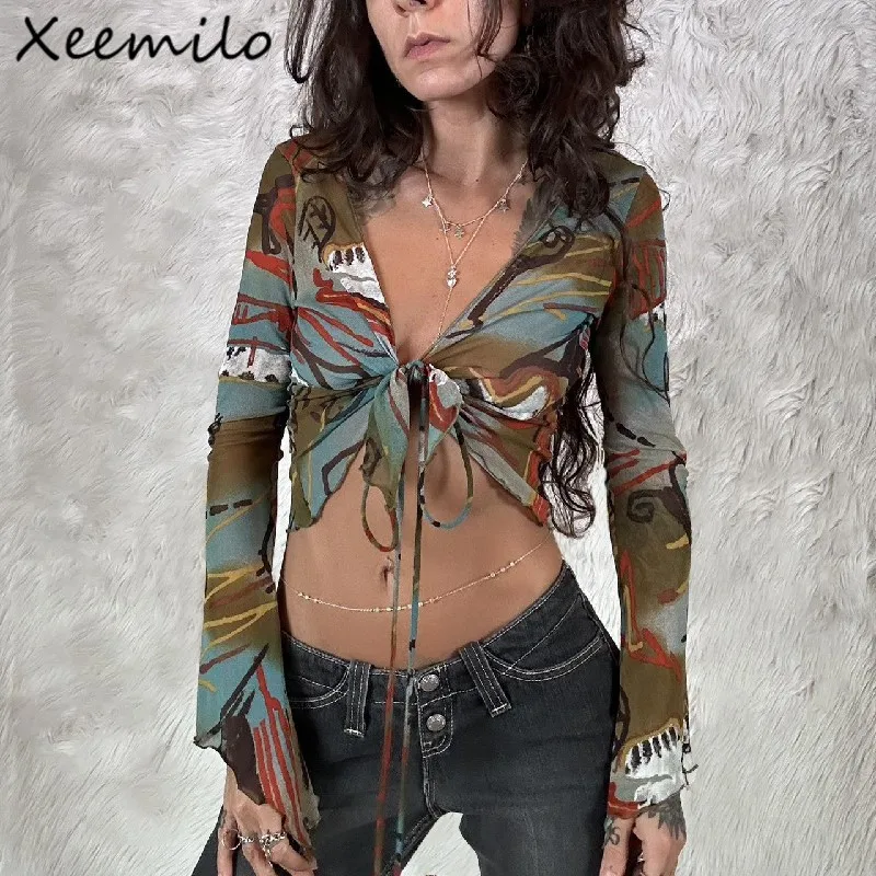 

Xeemilo Retro Tie-dye Graffiti Long Sleeve T Shirt Sexy Knot Twist Bandage V-neck Crop Top Y2K Streetwear Irregular Cut Out Tees