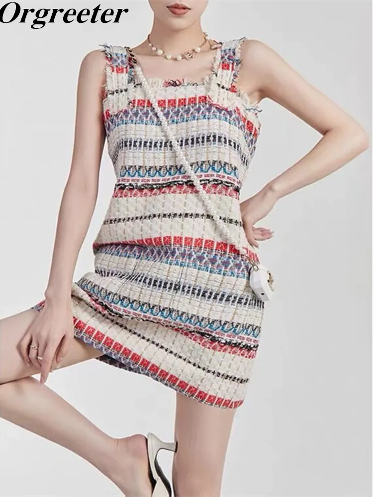 Vintage Small Fragrance Style Mini Tweed Suspender Dress Women's Striped Weave Tassel Summer Dress Vestido Feminino
Vintage Small Fragrance Style Mini Tweed Suspender Dress Women's Striped Weave Tassel Summer Dress Vestido Feminino