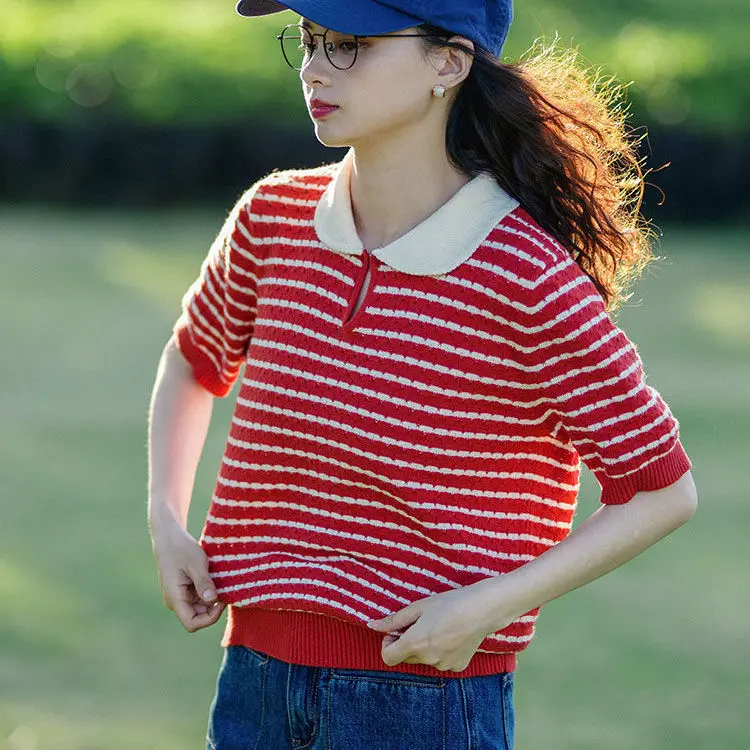 Summer College style Loose T-shirt Top stripe plaid short sleeve Female Knitted Pullover Casual Women T-shirt 2022 New
Summer College style Loose T-shirt Top stripe plaid short sleeve Female Knitted Pullover Casual Women T-shirt 2022 New