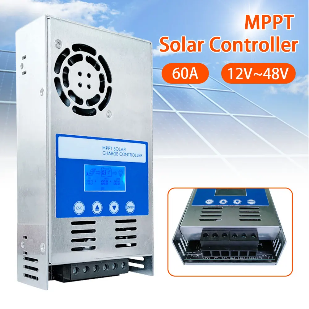Контроллер заряда солнечной батареи MPPT 60A, регулятор солнечной панели 12 в 24 в 36 В 48 В, ЖК-дисплей, автоматический максимальный PV 180 В постоянного тока для зарядки литиевой батареи 
Контроллер заряда солнечной батареи MPPT 60A, регулятор солнечной панели 12 в 24 в 36 В 48 В, ЖК-дисплей, автоматический максимальный PV 180 В постоянного тока для зарядки литиевой батареи
