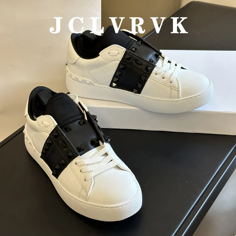 

JCLVRVK Designer Men Women Low Top flash Powder Rivets Leather Causal Shoes Summer High Quality Luxury Brand All-match White