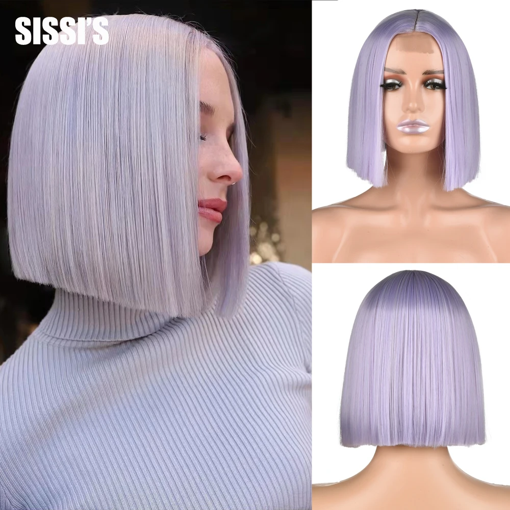 

Purple Short Straight Bob Wigs for Women Synthetic Frontal Lace Wig Middle Parting Wig for Cosplay Daily Party Use 10inch