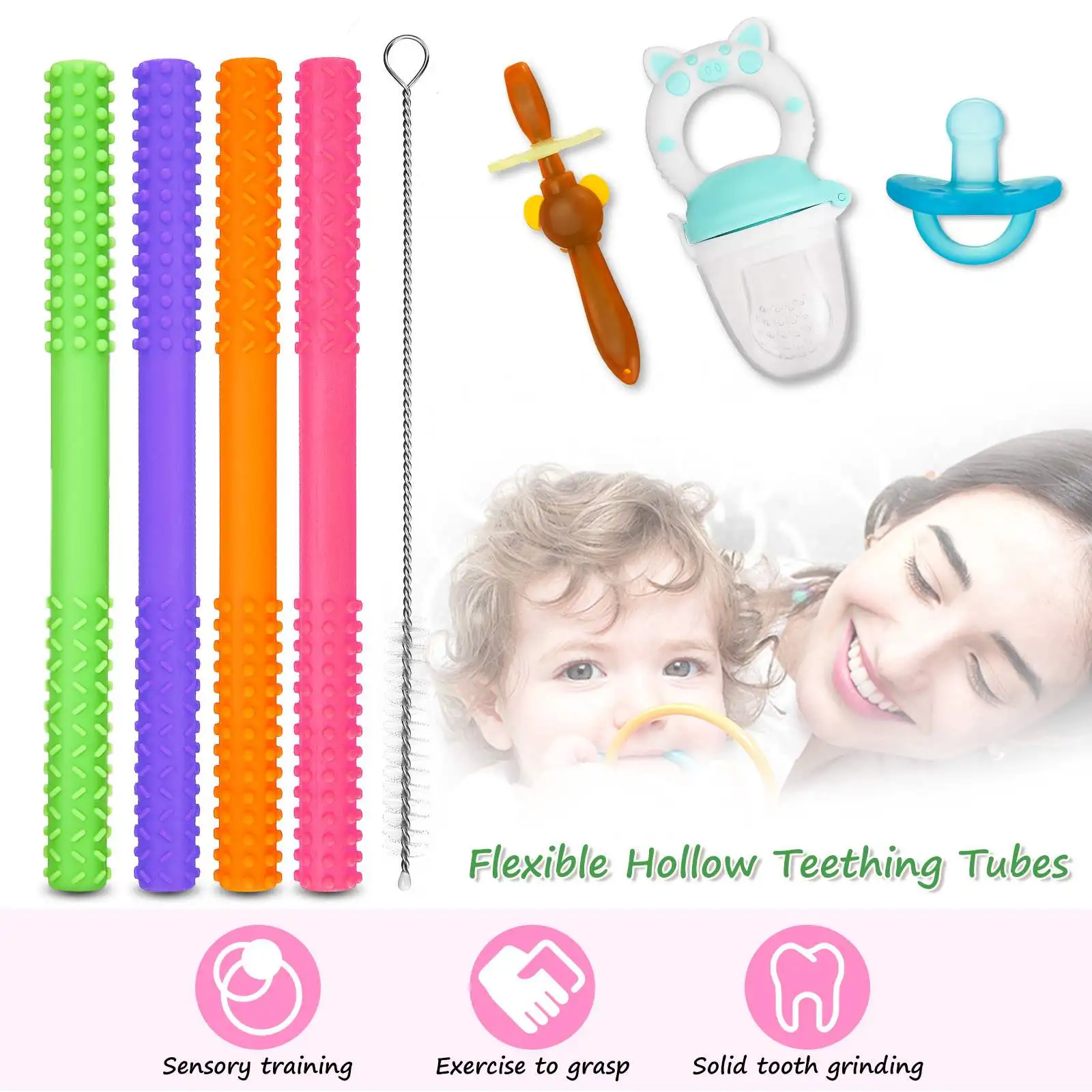 11pcs Silicone Molar Straw Baby Teether Baby Chewable Safe Toy Food Grade BPA Free Baby Teething Toys Mother Baby Supplies Set
11pcs Silicone Molar Straw Baby Teether Baby Chewable Safe Toy Food Grade BPA Free Baby Teething Toys Mother Baby Supplies Set