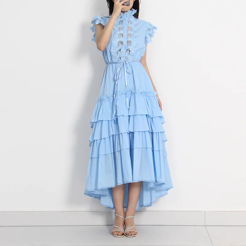 2022 Summer Lace Cascading Ruffles Dress Round Neck Flying Sleeves Lace Waist Irregular Dress Women Elegant High Low Party Dress
2022 Summer Lace Cascading Ruffles Dress Round Neck Flying Sleeves Lace Waist Irregular Dress Women Elegant High Low Party Dress