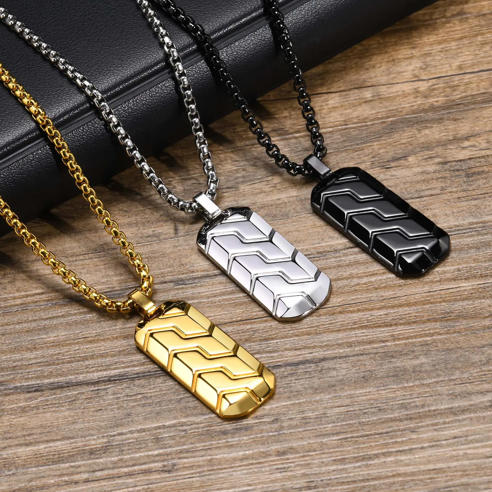 

JHSL Male Men Statement Necklace Rectangle Tag Pendant Fashion Jewelry Stainless Steel Chain Black Gold Silver Color