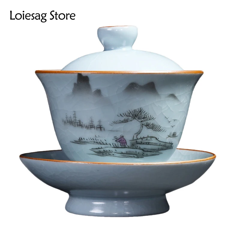 

Loiesag 180ml Ru Kiln Sancai Covered Bowl Large Bowl Ice Crack Gaiwan Tea Cup Ru Porcelain Open Piece Can Raise Kung Fu Tea Set