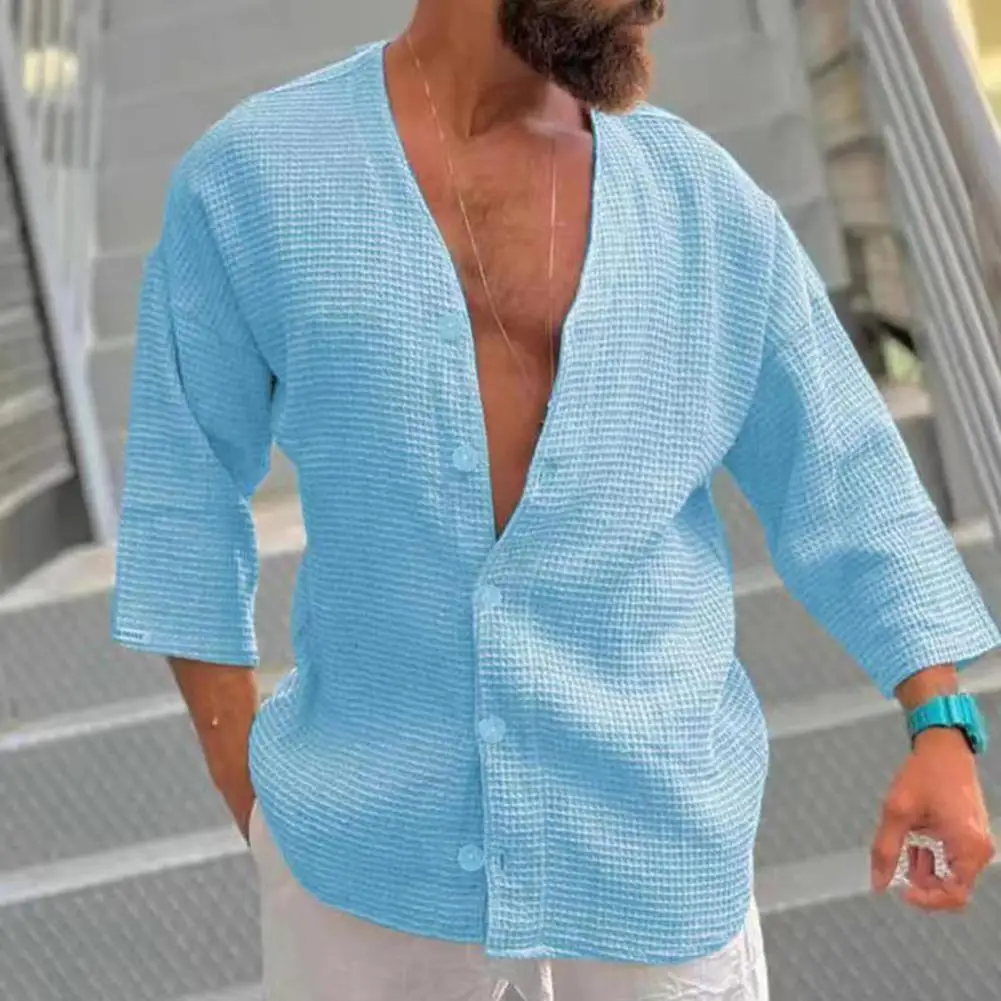 Breathable Men Shirt Stylish Men's V-neck Waffle Texture Shirt Casual Summer Top with 3/4 Sleeves Loose Fit Single Breasted
Breathable Men Shirt Stylish Men's V-neck Waffle Texture Shirt Casual Summer Top with 3/4 Sleeves Loose Fit Single Breasted