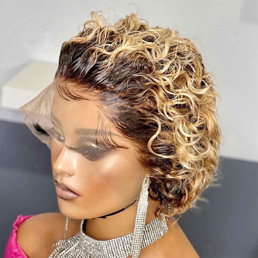 

Ombre 1B/27 Blonde Colored Short Bob Pixie Cut Wig 13X1 Lace Front Orange Wig For Women Cheap Remy Hair Transparent Lace Wig