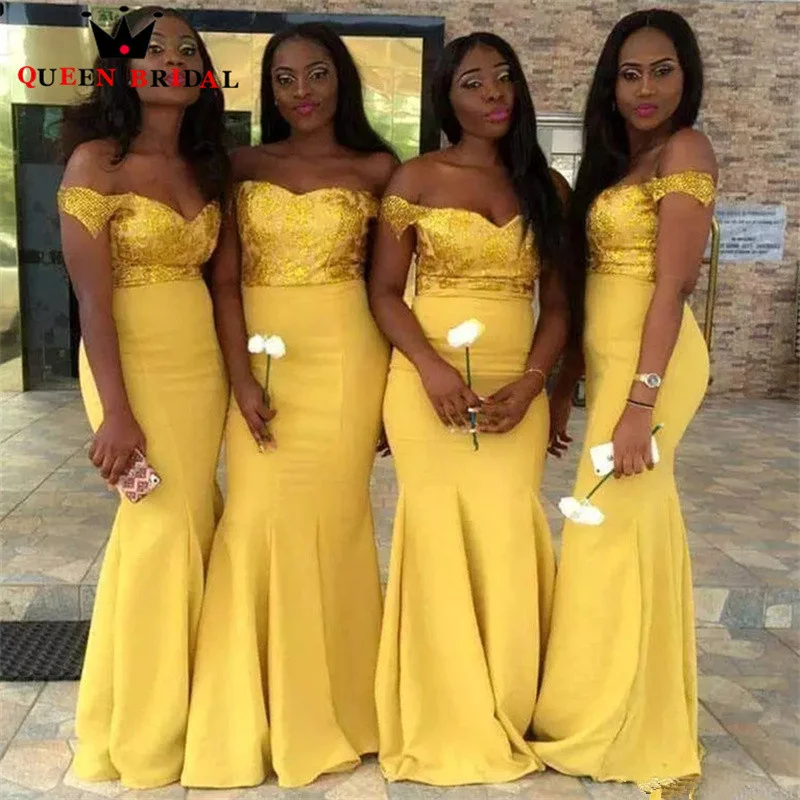 

Charming Yellow Sequin Mermaid Bridesmaid Dresses Off Shoulder Lace Wedding Guest Gowns Vestido De Fiesta De Boda Custom M44Q