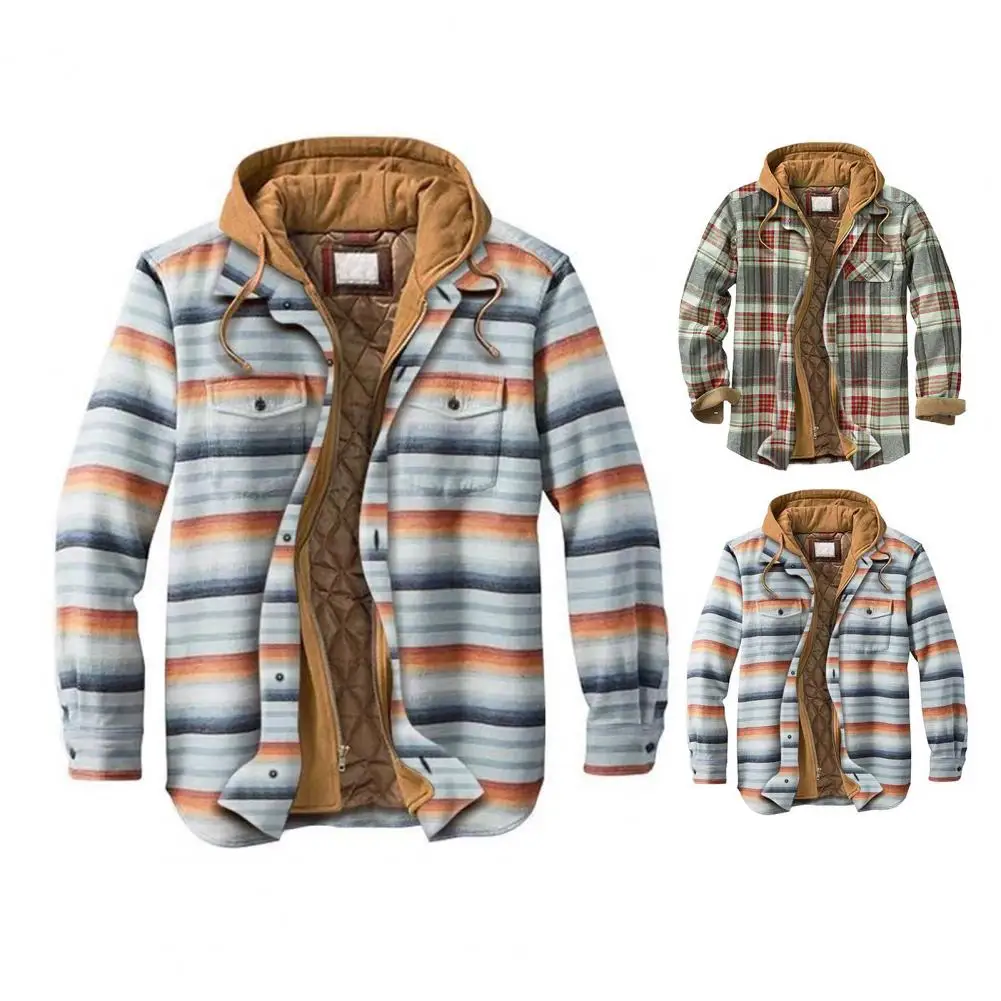 

Check Pattern Jacket Stylish Plaid Print Hooded Men's Winter Jacket with Drawstring Zipper Closure Patch Pockets Warm for Cold
