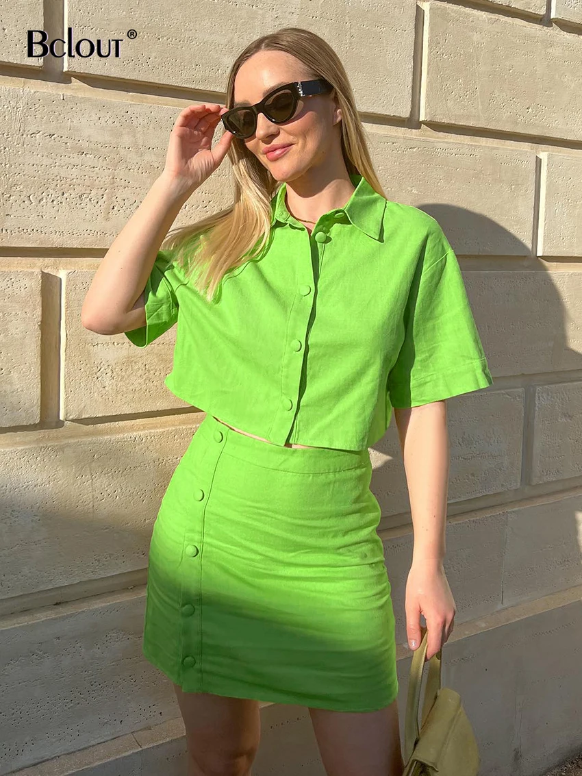 Bclout Green Linen Skirts Sets Women 2 Pieces Summer Short Sleeve Single Breasted Top Elegant Party Tight Sexy Mini Skirts Suits 
Bclout Green Linen Skirts Sets Women 2 Pieces Summer Short Sleeve Single Breasted Top Elegant Party Tight Sexy Mini Skirts Suits