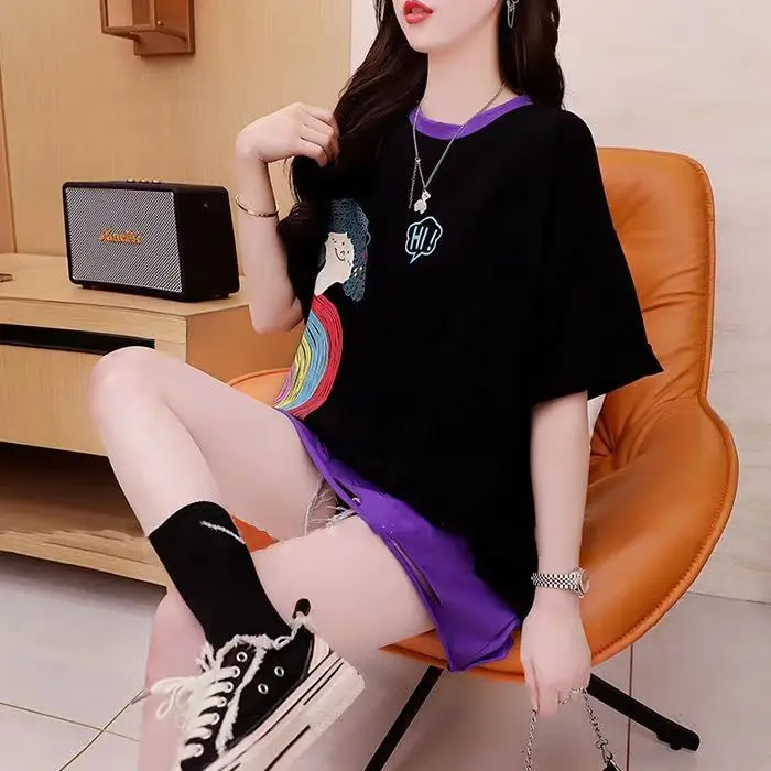 Fashion Fake Two Hole Short Sleeve T-shirt Women's Summer New Korean Casual Loose Splicing Women's Top
Fashion Fake Two Hole Short Sleeve T-shirt Women's Summer New Korean Casual Loose Splicing Women's Top