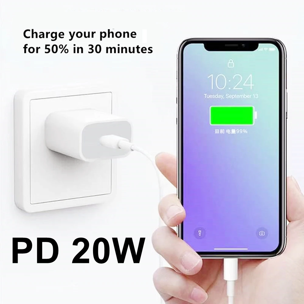 

20W Type C PD Charger With 1M Lightning Cable US EU Plug Power Adapter Travel Wall Fast Chargers For Iphone 14 13 12 X 8 Ipad
