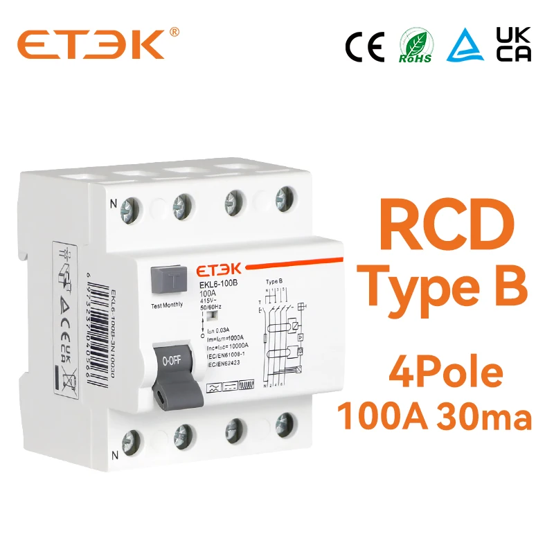 ETEK RCD Type B Evse 4P 4Poles DC Earth Leakage Circuit Breakers RCCB 100a 30ma EKL6-100B 10KA Din Rail 220V
ETEK RCD Type B Evse 4P 4Poles DC Earth Leakage Circuit Breakers RCCB 100a 30ma EKL6-100B 10KA Din Rail 220V