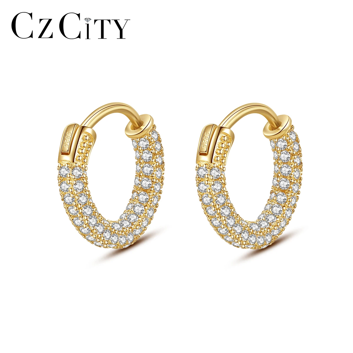 

CZCITY Luxury Sterling Silver Clip On Hoop Earrings for Women Cubic Zirconia Round Huggies Circle Pendientes Christmas Gifts