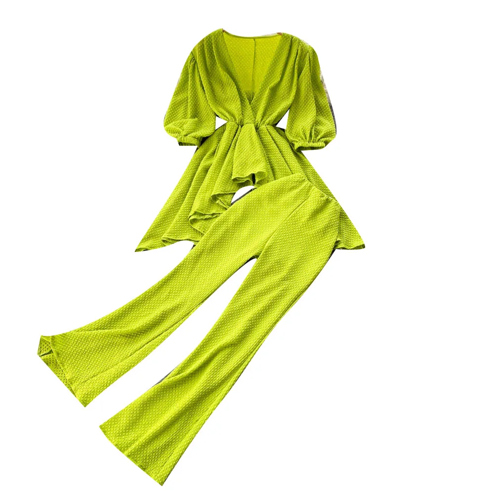 2023 New Spring Autumn Women Sets Loose V-Neck Three Quarter Sleeve Swallowtail Top And High Waist Long Pants Two Piece Set
2023 New Spring Autumn Women Sets Loose V-Neck Three Quarter Sleeve Swallowtail Top And High Waist Long Pants Two Piece Set