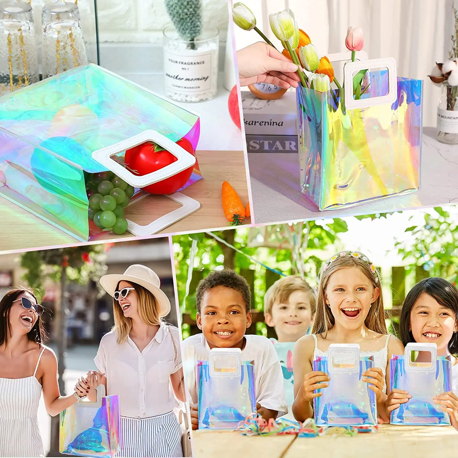 Reusable Holographic Small Gift Bag Clear Large Capacity transparent Iridescent Shopping Bag Storage Package With Handle
Reusable Holographic Small Gift Bag Clear Large Capacity transparent Iridescent Shopping Bag Storage Package With Handle