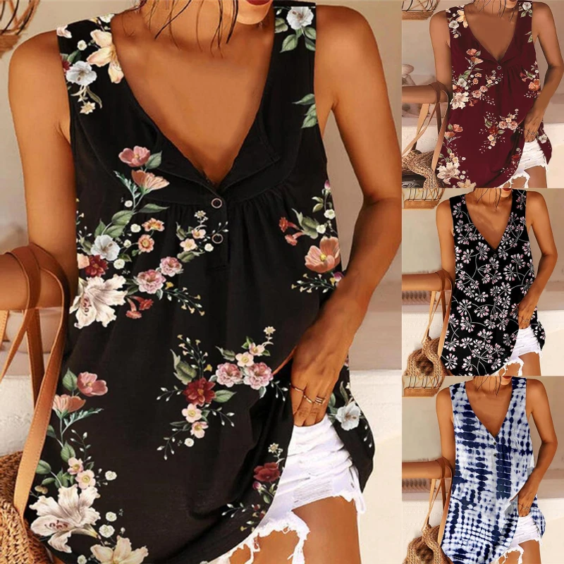 Женский топ без рукавов, Повседневная футболка на пуговицах, с V-образным вырезом, модная пикантная пляжная майка, лето 
Женский топ без рукавов, Повседневная футболка на пуговицах, с V-образным вырезом, модная пикантная пляжная майка, лето