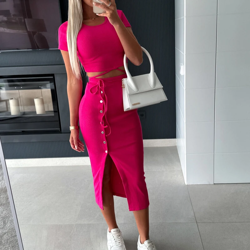 Summer Elegant Casual Dress Set O-Neck Slim-Fit Mini Top High Waist Split Hip Bust Skirt Two-piece Sexy Open Waist Party Set
Summer Elegant Casual Dress Set O-Neck Slim-Fit Mini Top High Waist Split Hip Bust Skirt Two-piece Sexy Open Waist Party Set