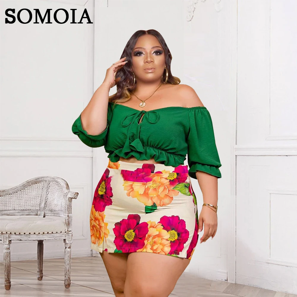 SOMOIA Plus Size Two Piece Sets Summer Solid Color Top Print Short Skirt Set Sexy Slash-Neck Culottes Set Wholesale Dropshipping
SOMOIA Plus Size Two Piece Sets Summer Solid Color Top Print Short Skirt Set Sexy Slash-Neck Culottes Set Wholesale Dropshipping