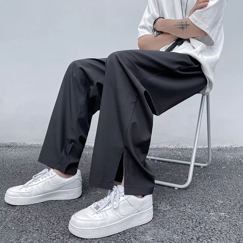 

New Loose Straight Summer Thin Casual Trousers Men's Streetwear Vent Long Pants Black/White/Pea green Men Fashion Ice Silk Pants