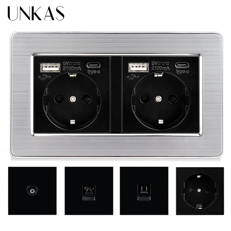UNKAS Black EU Socket Type C USB Port + TV RJ11 Telephone RJ45 Internet Computer Jack 146mm * 86mm Stainless Steel Panel Outlet
UNKAS Black EU Socket Type C USB Port + TV RJ11 Telephone RJ45 Internet Computer Jack 146mm * 86mm Stainless Steel Panel Outlet