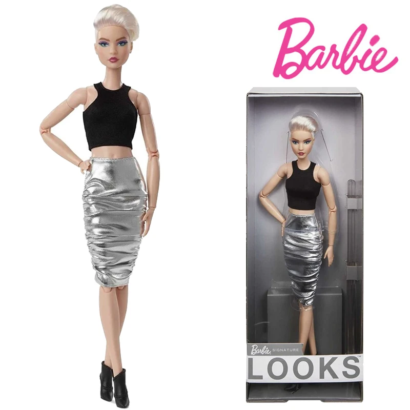 

Barbie HCB78 Signature Look There Doll Blond Pixie Cut Fully Movable Doll Wear Black Crop Top Metallic Skirt Gift for Collectors