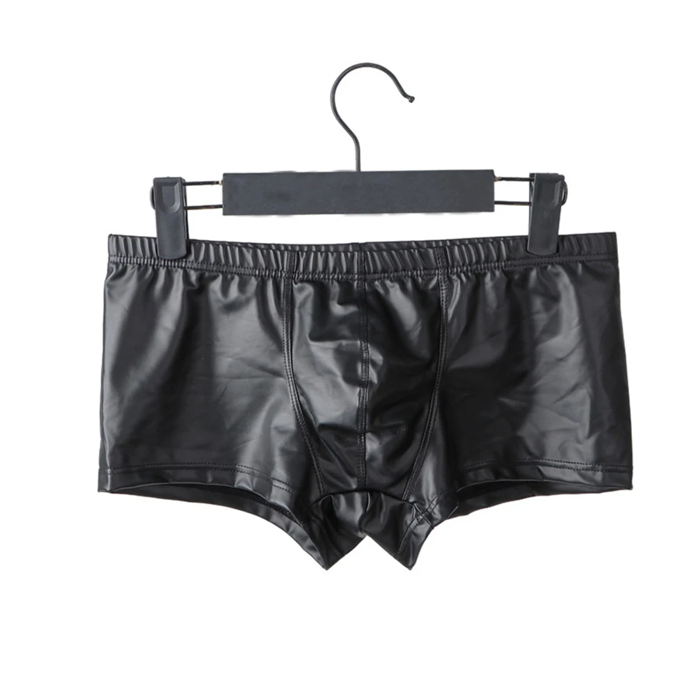 

Men Underwear Boxer Briefs Faux Leather Fasion Gay Underwear Thin Black Shorts U Convex Pouch Black Patent Leather Panties