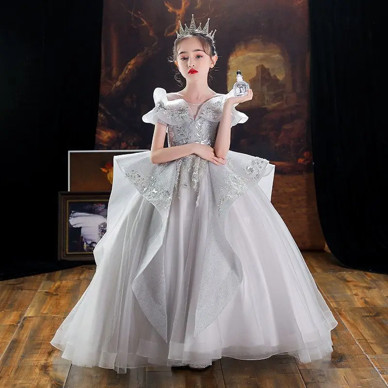 

High-end Tail Children's Dress Princess Dress Puffy Gauze Girls Piano Performance Dress Host Model Walk Show