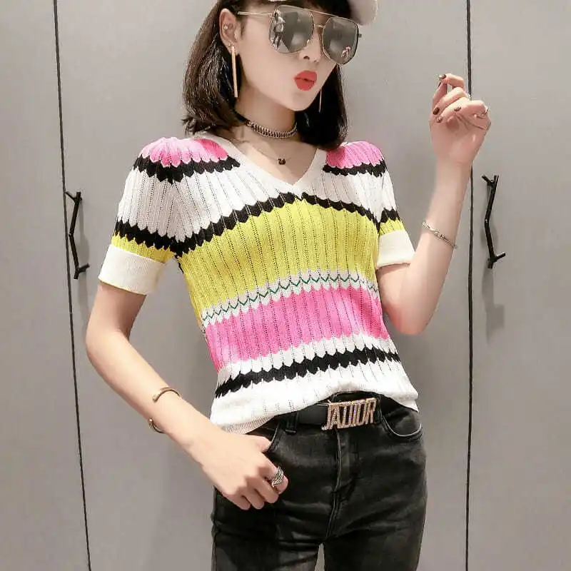 2022 Summer Women Fashion O-Neck Knitted T-shirts Female Striped Print Loose Tee Shirts Ladies Short Sleeve Casual Tops P196
2022 Summer Women Fashion O-Neck Knitted T-shirts Female Striped Print Loose Tee Shirts Ladies Short Sleeve Casual Tops P196