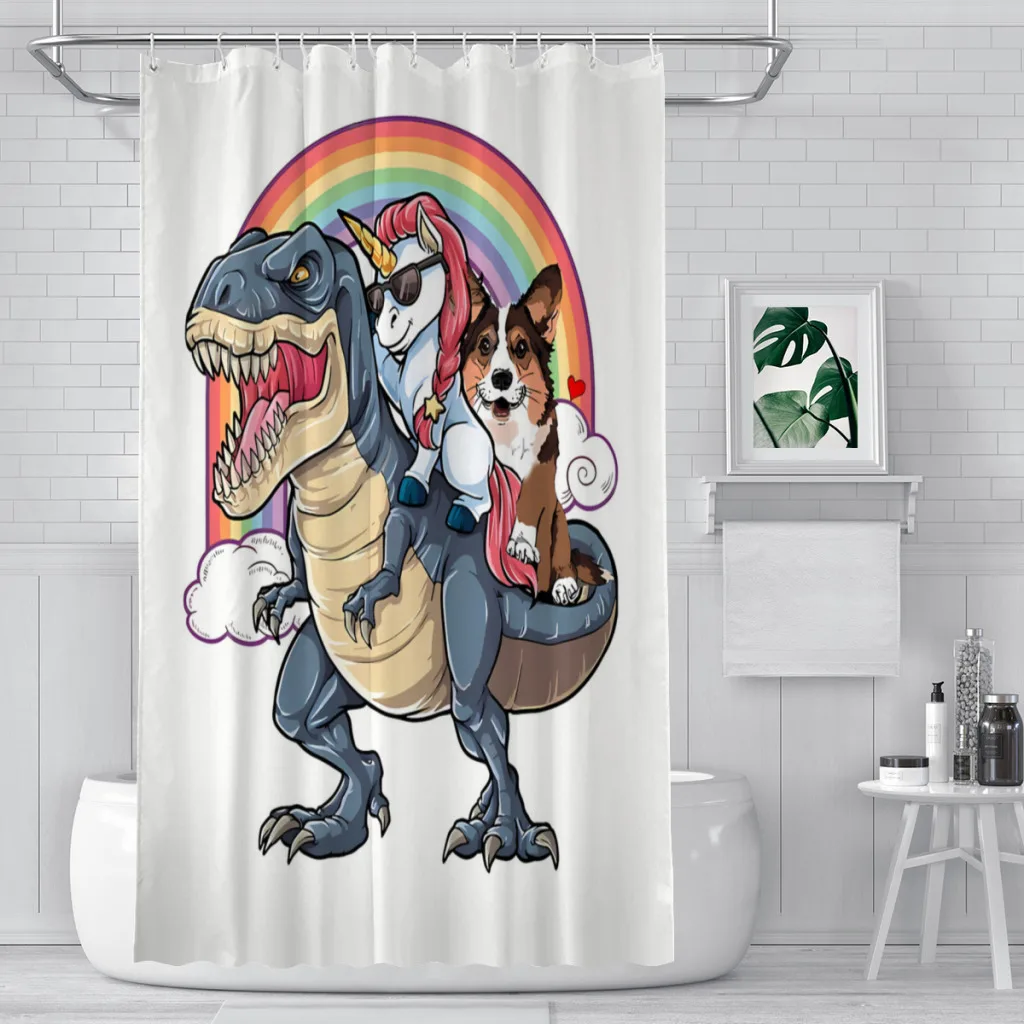 

Corgi Unicorn Ride T-rex Bathroom Shower Curtains Dinosaur Waterproof Partition Creative Home Decor Bathroom Accessories