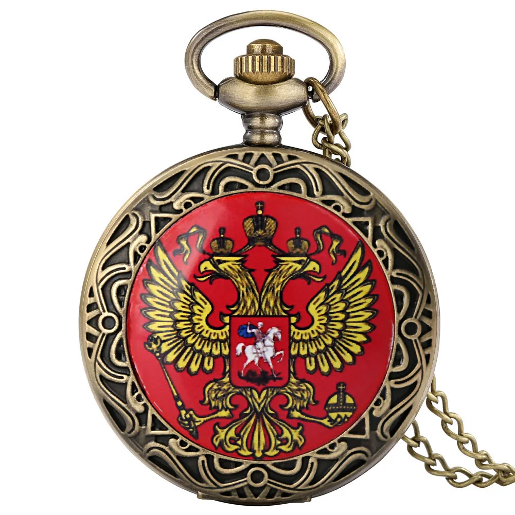 

Double-Headed Eagle Russia Emblem Display Bronze Necklace Watch Souvenir Collect Vintage Quartz Chain Clock Gifts Men Women