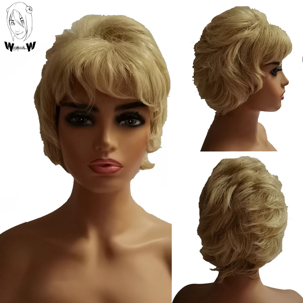 

WHIMSICAL W Synthetic Lady Women Short Wave Wig Soft Tousled Curls Blonde Highlights Full Wigs