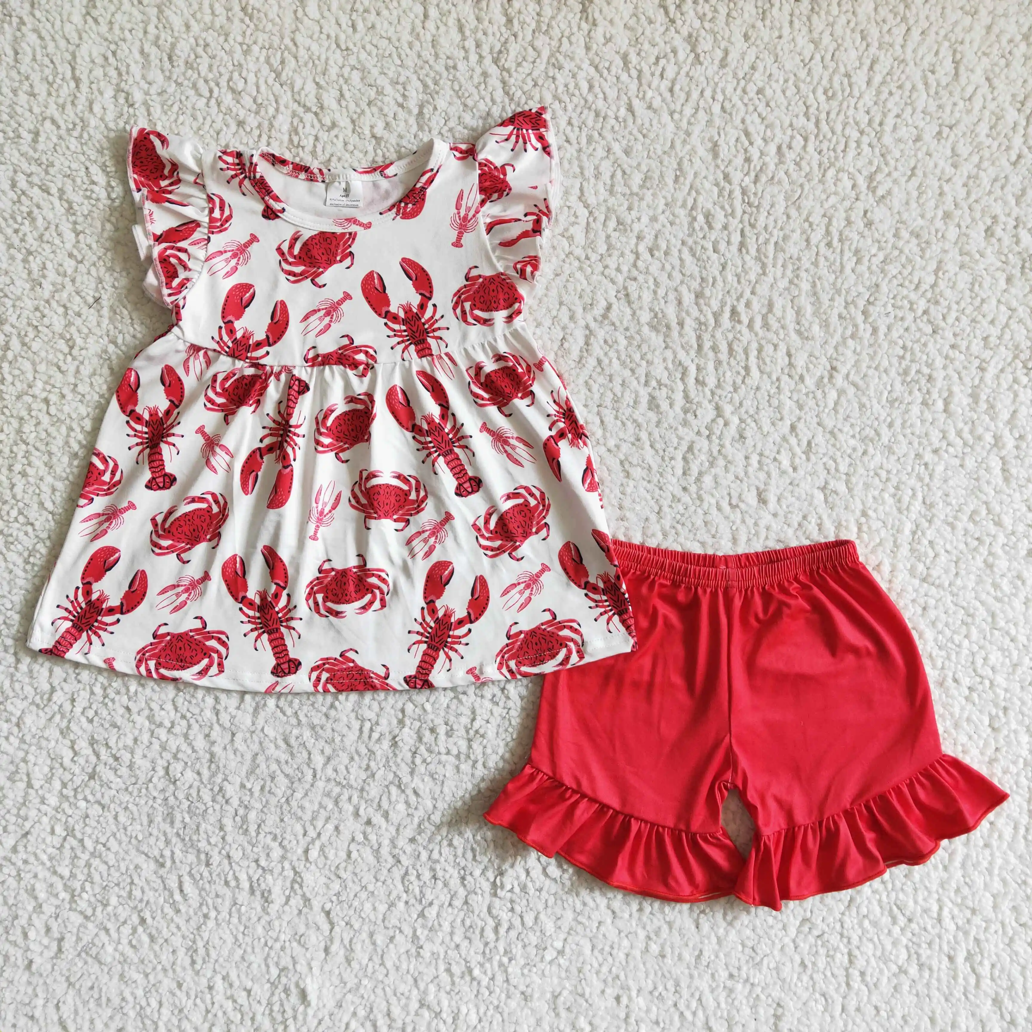 

RTS Baby Girls Crawfish Kids Children Boutique Outfits Flutter Sleeve Tunic Red Ruffle Shorts Kids Toddler Summer Clothing Sets