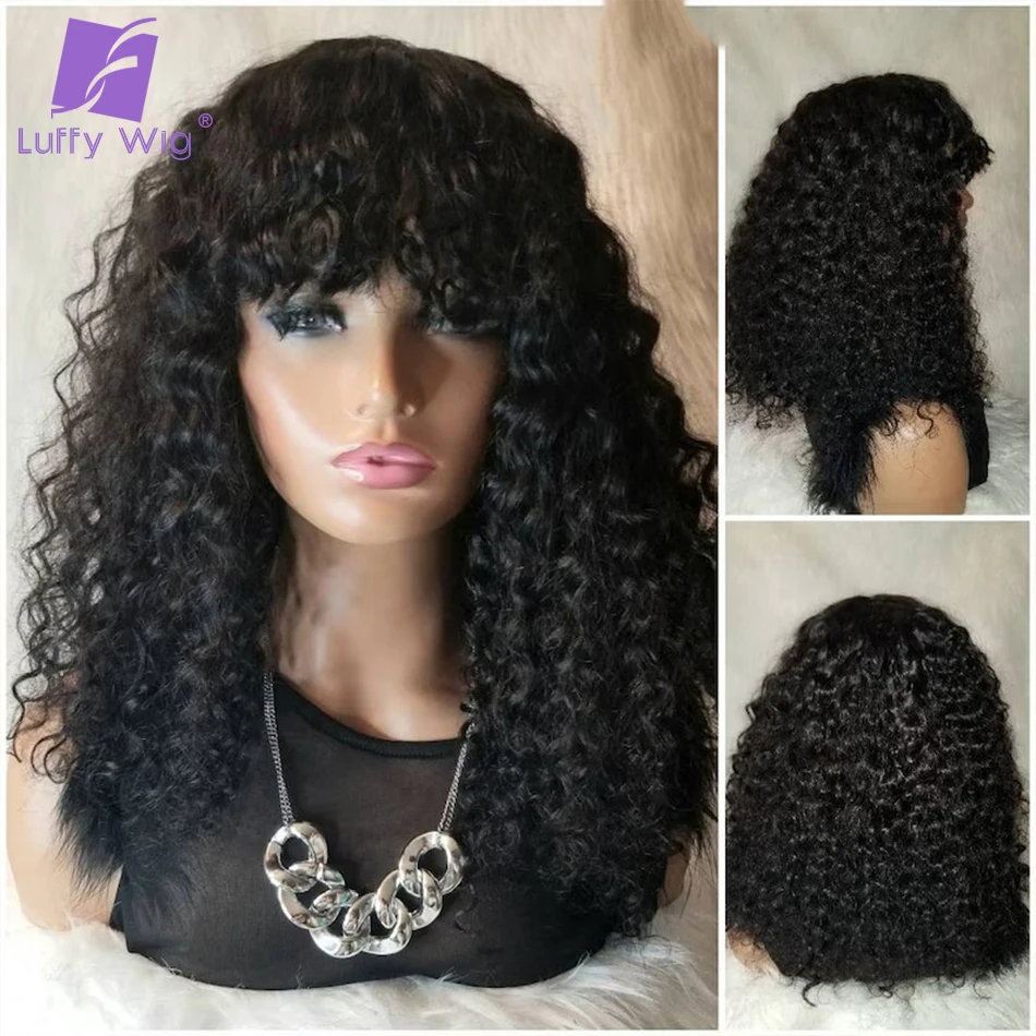 

Curly With Bangs Remy Human Hair Scalp Top Machine Made Wig 180 Density Short Curly Bang Glueless Wigs For Women