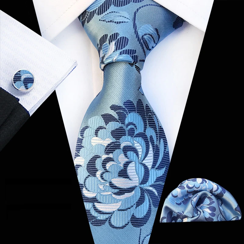 

HUISHI 8cm 100% Silk Men's NeckTie Set Floral Neckties Cufflinks Handkerchief Luxury Bussiness Wedding Suit Accessories Gifts
