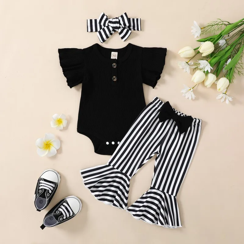 

Adorable Baby Girl Flutter Sleeve Black Onesie, Striped Bow-Tie Flared Trousers, and Headband Set - 0-18 Months