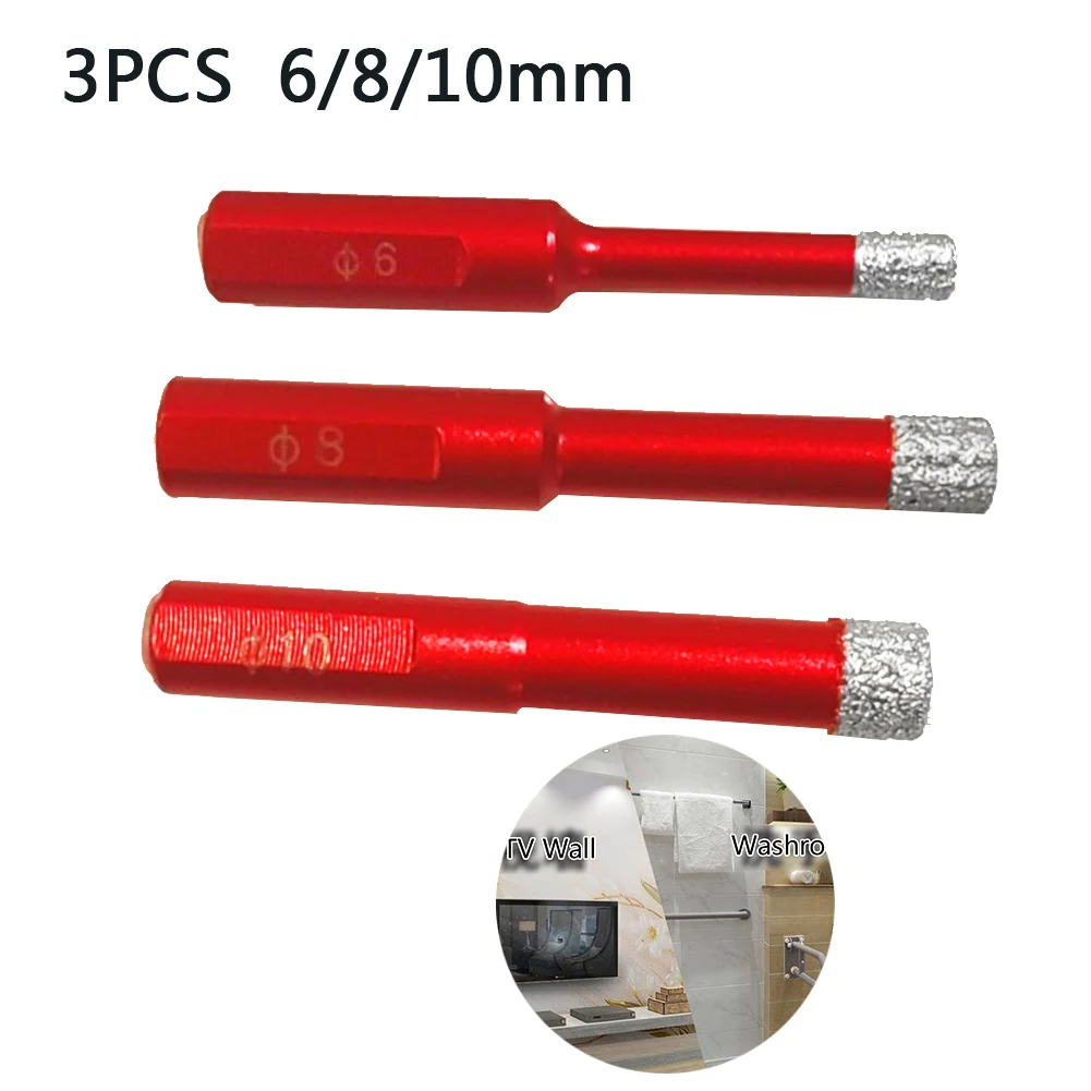 3pcs Diamond Drills Bits Tile Dry Drill Bit Hole 6/8/10mm Drill Bit For Granite Marble Ceramic Tile Glass Tile Hole Opener
3pcs Diamond Drills Bits Tile Dry Drill Bit Hole 6/8/10mm Drill Bit For Granite Marble Ceramic Tile Glass Tile Hole Opener