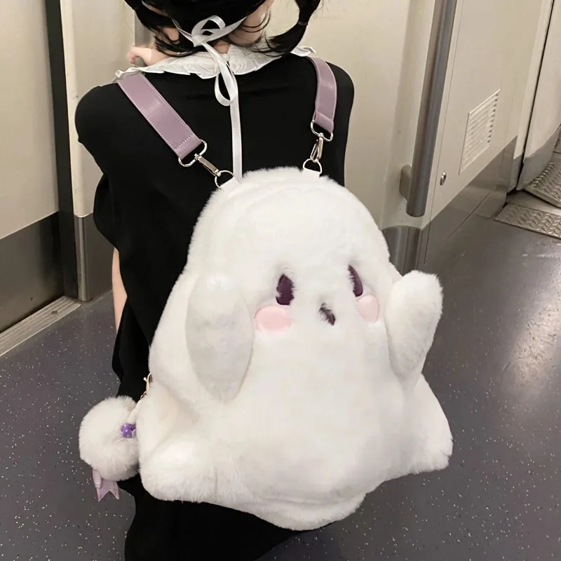 

Готический плюшевый рюкзак Goth, плюшевая пушистая сумка, темная Женская белая пушистая маленькая мультяшная кукла, сумка через плечо для Хэллоуина