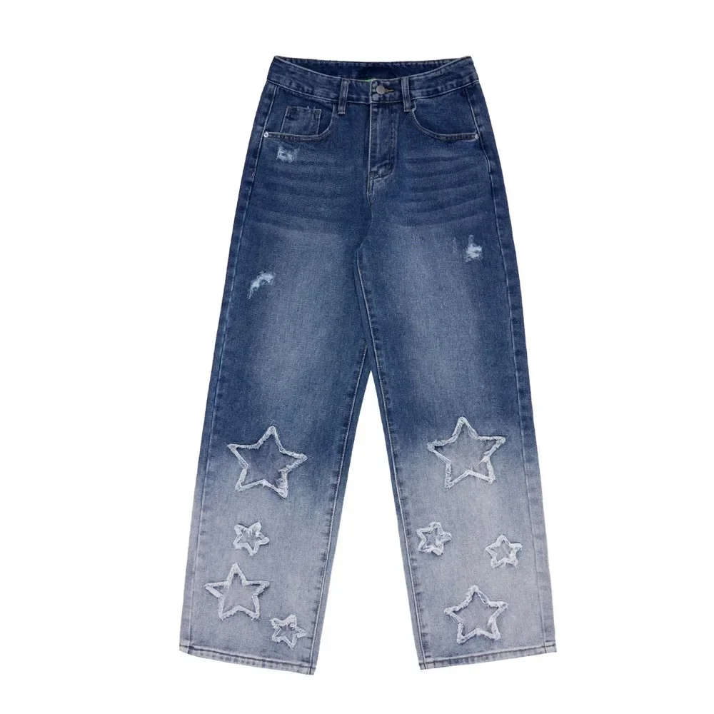 

Потертые женские рваные джинсы с бахромой и пентаграммой y2k, состаренные зимние трендовые брюки с эффектом потертости, уличная одежда для женщин и мужчин