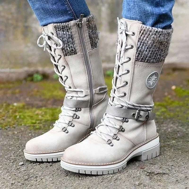 

Women's Boots 2022 Autumn and Winter New Lace-up Knitted Women's Mid-calf Casual Thick-soled Shoes Fleece Warm Botas De Mujer