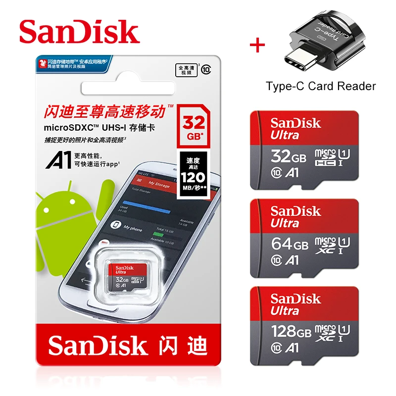

Original SanDisk Memory card 32GB 64GB Class10 128GB 256GB Ultra A1 SDHC/SDXC 120MB/s UHS-I flash micro SD Card C10 Type C