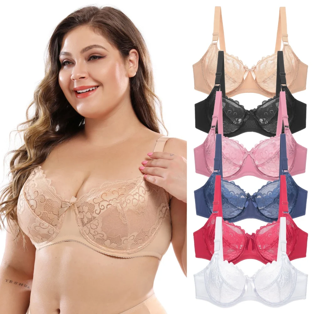 

Unlined 3/4 Cups Bra Lace Embroidery Bralette Plus Size Push Up Brassiere Non-Padded Underwire Bra Womens Minimizer Bras