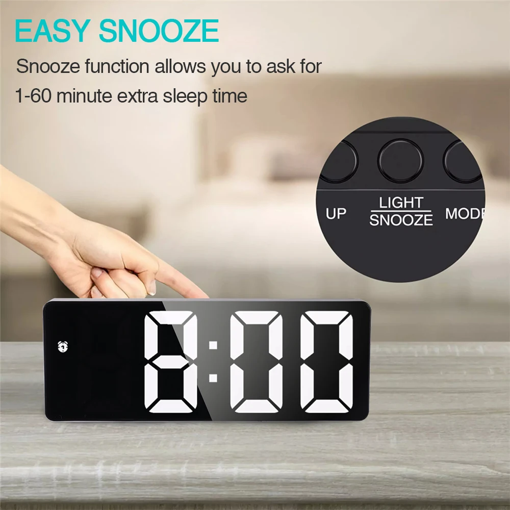 Digital Alarm Clock Large Mirrored LED Display with Snooze Dim Mode Beside Desk Clock for Bedroom Office Electronic Alarm Clock
Digital Alarm Clock Large Mirrored LED Display with Snooze Dim Mode Beside Desk Clock for Bedroom Office Electronic Alarm Clock