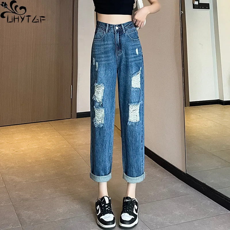 Джинсы UHYTGF женские с завышенной талией, тонкие свободные уличные штаны из денима с широкими штанинами, с дырками, весна-лето
Джинсы UHYTGF женские с завышенной талией, тонкие свободные уличные штаны из денима с широкими штанинами, с дырками, весна-лето