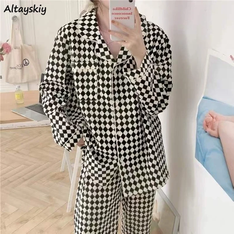 

Pajama Sets Women Plaid Stylish Vintage Long Sleeves New Spring Gentle Soft Lounge Sleepwear Ulzzang Leisure Cozy Lovely Design