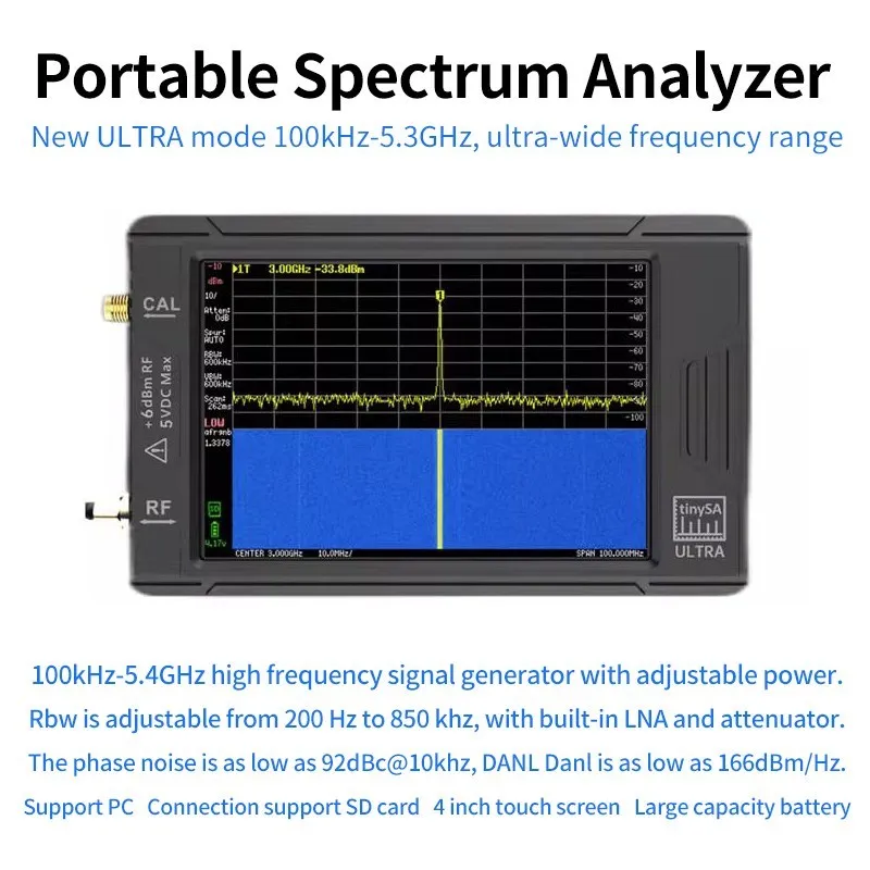 

Handheld Tiny Spectrum Analyzer 4 Inch Touch Screen With 3000mAh Battery 100KHz-5.3GHz RF Tinysa Ultra Tiny Spectrum Analyzer