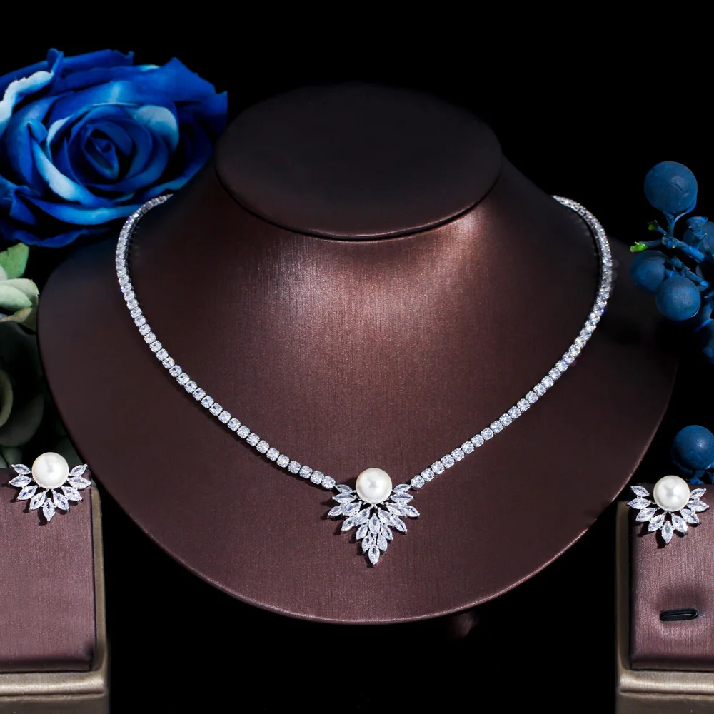 

ThreeGraces блестящие серьги-гвоздики из искусственного жемчуга с фианитом, ожерелье для невесты, свадебный набор украшений для женщин, TZ684