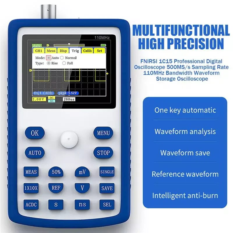 FNIRSI-1C15 Professional Digital Oscilloscope 500MS/s Sampling Rate 110MHz Bandwidth Waveform Storage Oscilloscope
FNIRSI-1C15 Professional Digital Oscilloscope 500MS/s Sampling Rate 110MHz Bandwidth Waveform Storage Oscilloscope