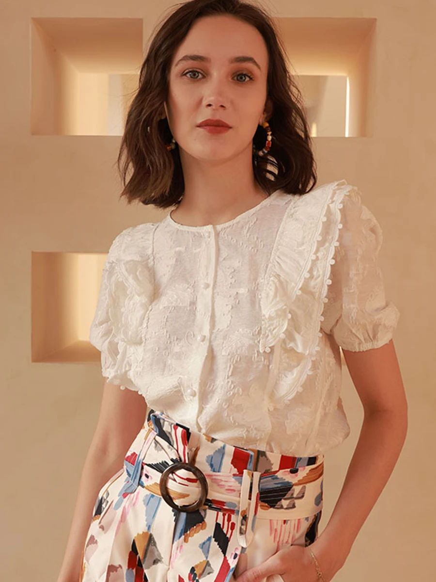 Ruffles Solid Vintage Blouses Button Round Neck Short Puff Sleeve Female Blouse 2023 Spring Elegant Chic Casual Women Shirts
Ruffles Solid Vintage Blouses Button Round Neck Short Puff Sleeve Female Blouse 2023 Spring Elegant Chic Casual Women Shirts